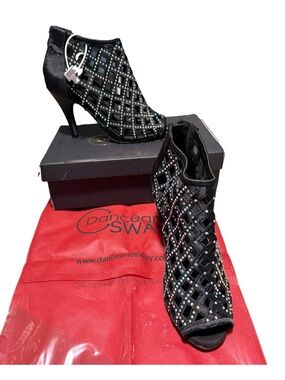 Black Crystal Lattice Peep-Toe Ankle Dance Booties 4” Heel